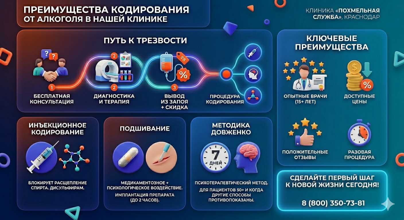 Инфографика о методах кодирования от алкоголя в Тарасовском: инъекции, подшивание, метод Довженко. Преимущества клиники и этапы лечения.