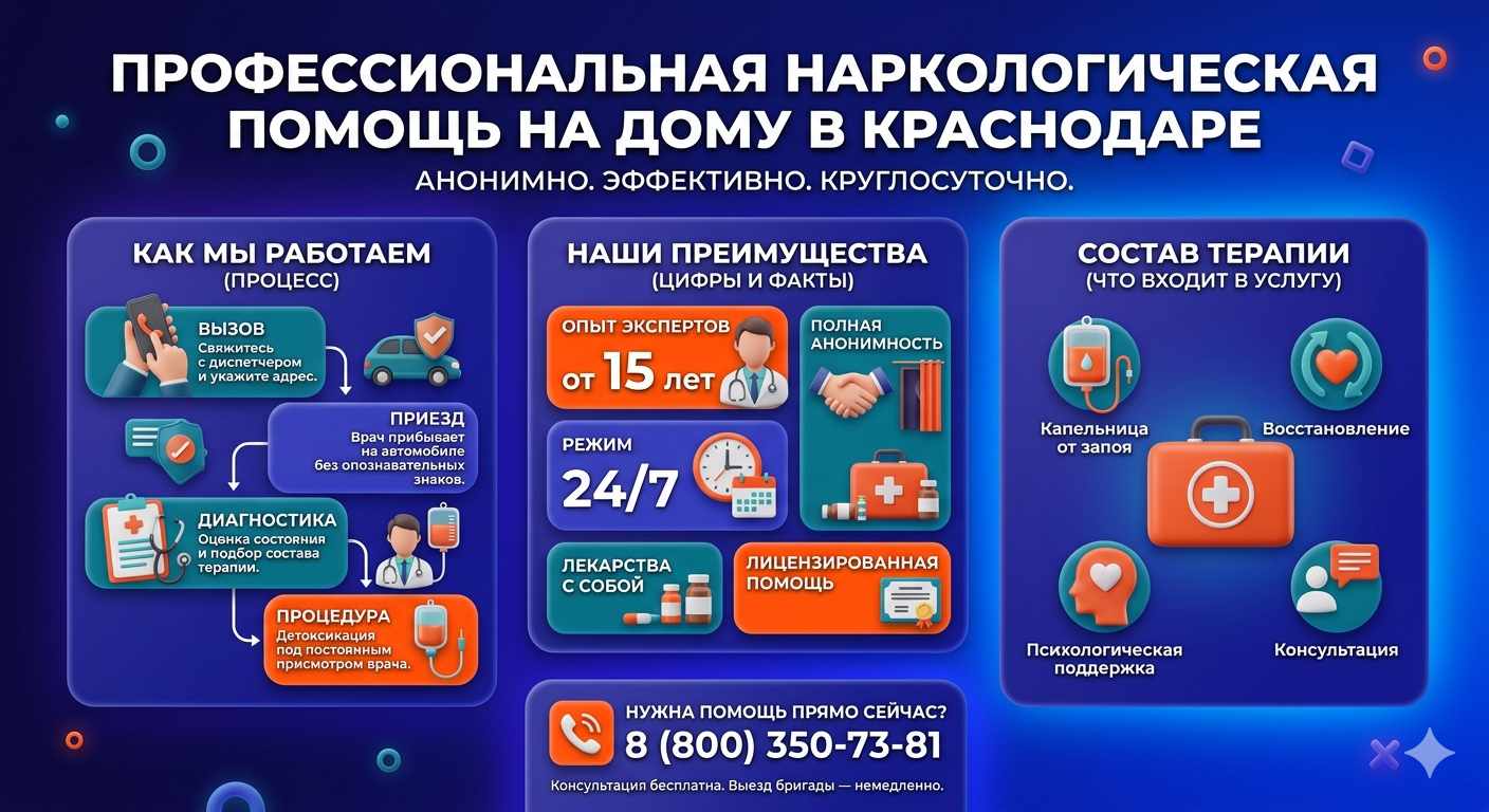 Инфографика о принципах лечения алкоголизма на дому в Тарасовском: этапы вызова нарколога, преимущества анонимной детоксикации и состав медицинской помощи.